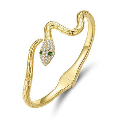 Bracelet Serpent Jonc en acier inoxydable plaqué or jaune avec pavé de zircons blancs et verts