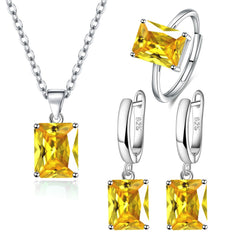 Parure de Bijoux Argent Sterling 925 plaqué or blanc avec collier, boucles d’oreilles et bague ajustable avec zircons jaunes