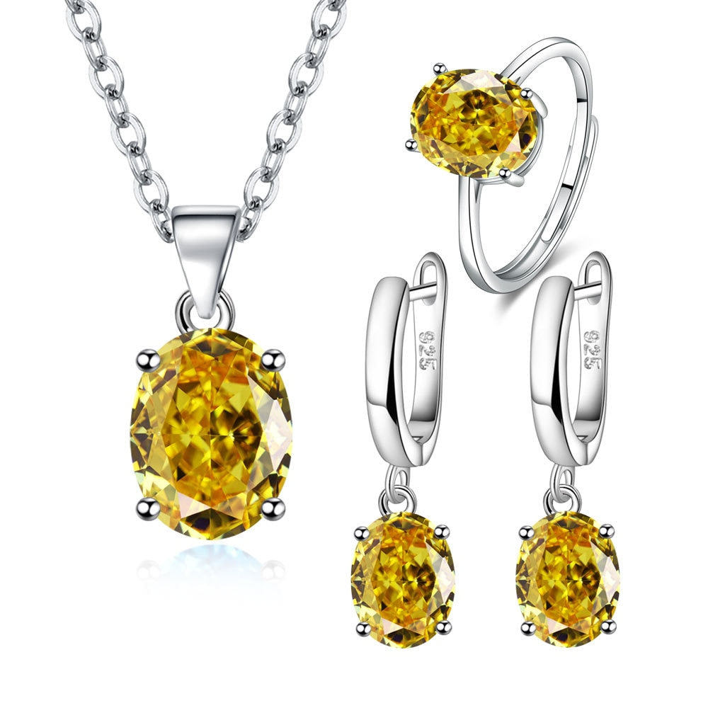 Parure de Bijoux Argent Sterling 925 plaqué or blanc avec collier, boucles d’oreilles et bague ajustable avec zircons jaunes