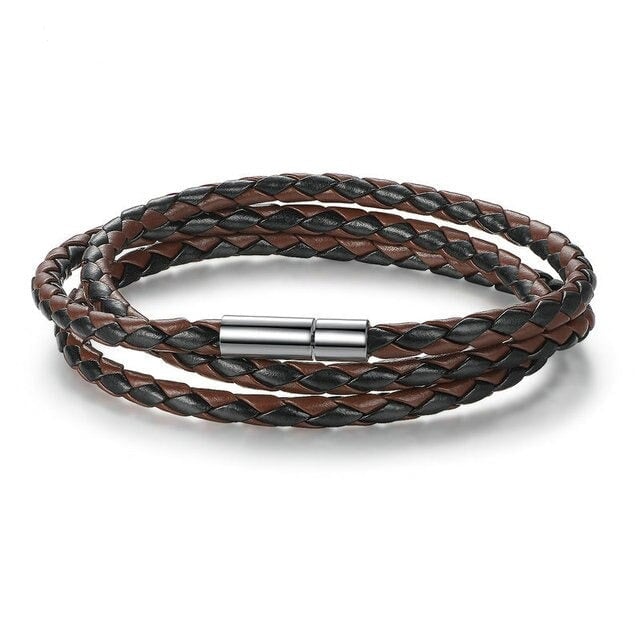 Bracelet en Cuir Noir et Marron avec fermeture magnétique et longueur 60 cm