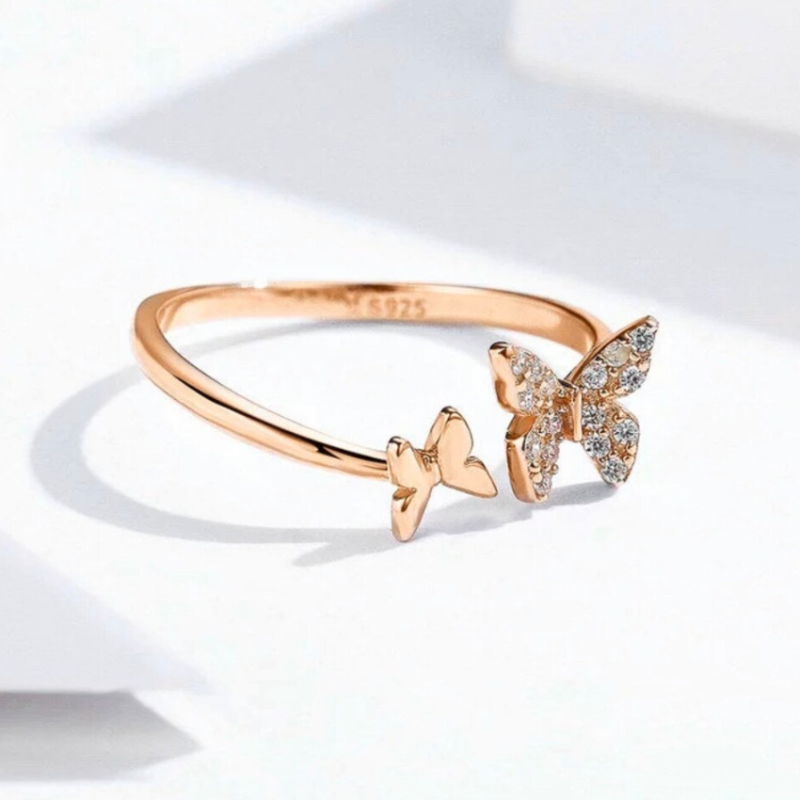Anneau papillons or rose argent