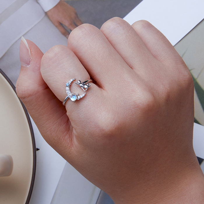 Bague chat lune argent