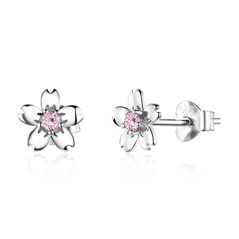 Clous d'oreilles fleurs roses argent