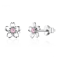 Clous d'oreilles fleurs roses argent