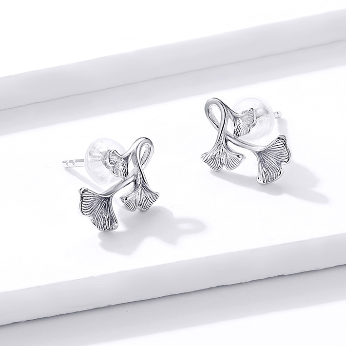 Boucles feuilles ginkgo argent